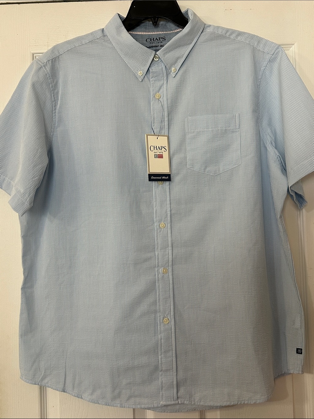 Chaps Seersucker Woven Men's Beach Blue Pinstripe Short-Sleeve Button-Down Shirt